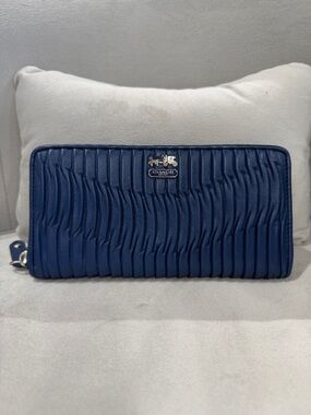 Coach Madison Gathered Leather Navy Zip-Around Wallet with Silver Logo